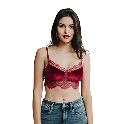 Women’s Velvet and Lace Half Cami Bralette | Swimsuit Bikini Tops Bras for Women (Wine, Medium, Numeric_0)