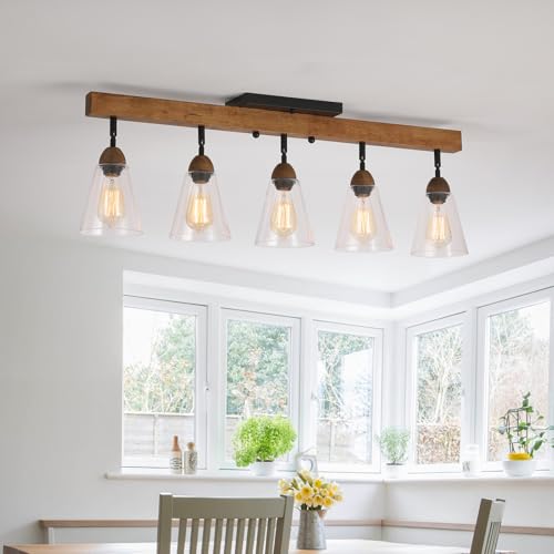 5-Light Large Rustic Farmhouse Wood Flush Mount Ceiling Light Fixture Clear Seeded Glass Shade and Oak Wood Track Semi Flush Mount Ceiling Light for Kitchen Living Room Bedroom Indoor, Black by RKUCSR - Used condition - Image 3