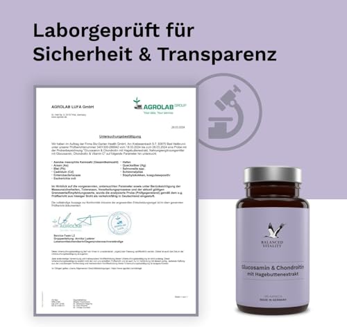 Glucosamin & Chondroitin Kapseln - 1400mg Glucosamin, 1200 mg Chondroitin, 80 mg Vitamin C pro Tagesdosis - 180 Kapseln für 2 Monate - laborgeprüft - Balanced Vitality