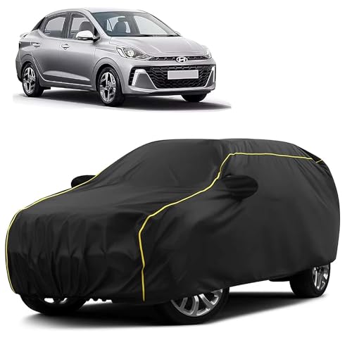 Image of Sulfar 100% Water Resistant Car Body Cover Compatible with Mirror for Hyundai Aura (Triple Stitched, Full Bottom Elastic, Black Taffeta with Yellow Piping)
