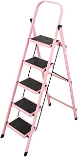 Ladder Step Ladders Metal Iron Stepladders 5 Step Ladder Folding Step Stool with Handgrip and Wide Pedal Sturdy Ladder 330lbs Capacity for Household(Ladder B)