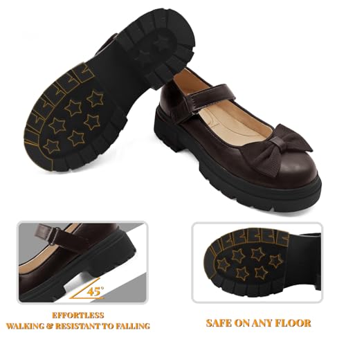 Popusister Girls School Uniform Brown Mary Janes, Comfortable Toddler Dress Shoes with Memory Foam Insole, Lightweight Anti-Slip Little Kid Flats with Hook and Loop Strap for Daily Wear — view 5