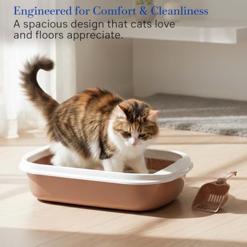 Image of PETS EMPIRE Cat Litter Box Tray with Free Scooper - Semi-Closed Design, Durable Quality, Suitable for All Adult Cats & Kittens, Brown
