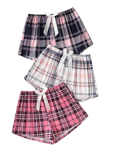 Image of WDIRARA Women's 3 Pack Plaid Letter Graphic Pajama Shorts Lounge Shorts | Elastic Waist ,Comfortable,Home Living,Sleepwear