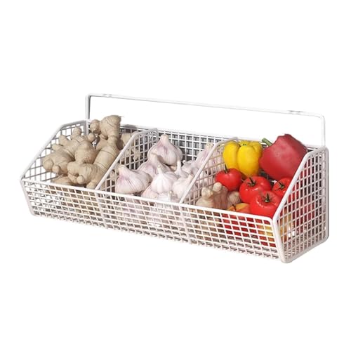 Wall Basket - 3 Compartment Hanging Storage Rack, Open Wire Design with Rustic Kitchen Styling, Wall Mounted Structure + Easy Ac