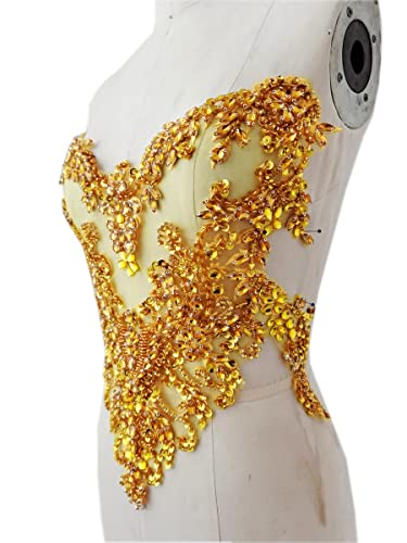 Handmade Rhinestones Lace Applique Handsewing Beads Sequins Trimming Patches For Dress Clothing Accessories More Colour (Gold) #TOP5