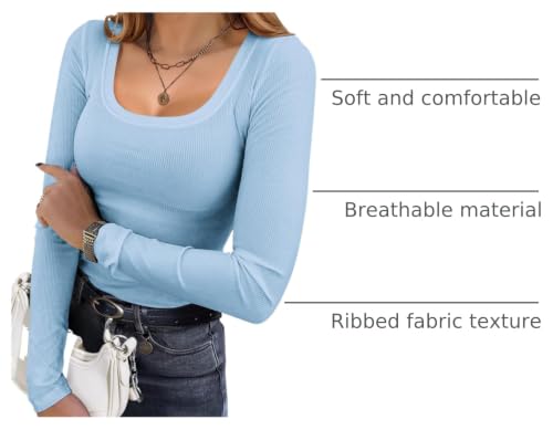 Image of Ekouaer Womens Long Sleeve Shirts Square Neck Slim Fit Basic Tops Ribbed Thermal Undershirts Layering Tee