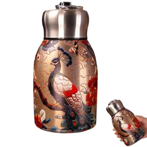 Stylish & Portable Insulated Water Bottle, Keep Drinks Hot or Cold, Hot Cold 24h, Peacock Floral Tea Pot, Stainless Steel Thermal Coffee Thermo, Vintage Flower Pattern Water Bottle (Golden Peacock)