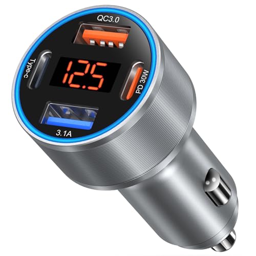 Image of Car Charger USB C, 65W Dual 12V Car USB Charger Multiport with Voltage Display PD /QC 3.0 Super Fast Charge Cigarette Lighter Adapter for iPhone 17 16 15 14 13 12 Pad Pro Air(Gray)