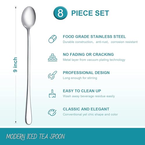 Image of Long Handle Spoon, Long Mixing Stirring Spoon for Iced Tea, Coffee Suitable for Tall Glasses, Cocktail Bar Stainless Steel Long Handle Spoon, Soda Spoon, Milkshake Spoon (4 pcs Prime Long)