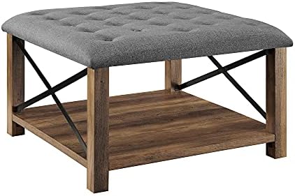 Walker Edison Abri Modern Farmhouse Metal X Tufted Ottoman, 30 Inch, Grey