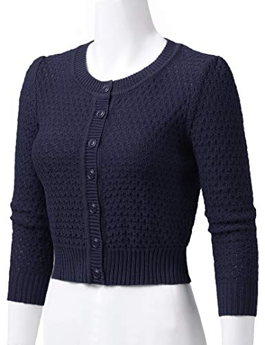 Women's 3/4 Sleeve Crew Neck Button Down Cotton Knit Cropped Cardigan Sweater (S-3XL)2