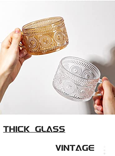 Amzcku Vintage Glass Coffee Mugs,Tea Cup 14 Oz Set of 2 Embossed Glassware with Handle, for Cappuccino, Latte, Cereal, Yogurt, Beverage Hot/Cold, Milk - Thumbnail 7