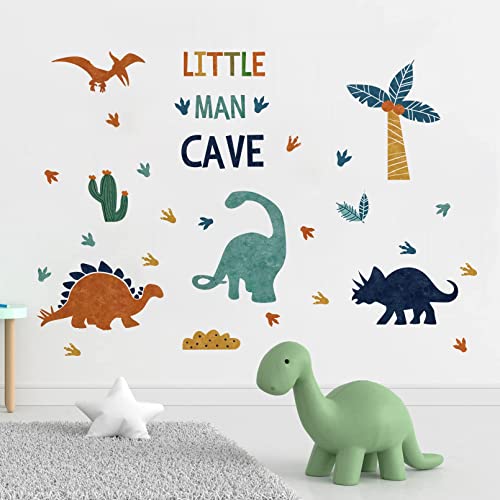 Mfault Boys Dinosaur Footprints Little Man Cave Wall Decals Stickers, Peel Stick Dino Paw Print Nursery Decorations Baby Bedroom Playroom Art, Watercolor Blue Coconut Trees Cactus Kids Room Decor Gift #TOP2