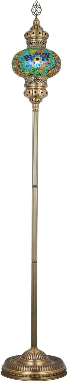 DEMMEX 10 Diameter Largest Mosaic Globe Turkish Floor Lamp, Handmade Moroccan Standing Lamp, Antique Brass Finish, 5.5 ft Tall (Multicolor)