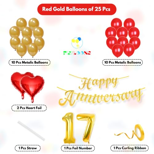 Image of Flyloons 17th Happy Anniversary Decoration Items Red Gold for Men Women Husband Wife Mom Dad Parent Couple Home Bedroom Car With 20 Pcs Metallic Balloons Anniversary Banner 2 Pcs Heart Set Kit