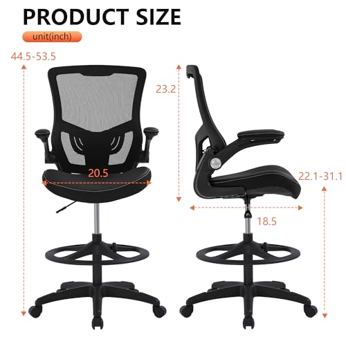 BestOffice Drafting Chair Ergonomic Tall Office Chair Standing Desk Chair with Flip Up Arms Foot Rest Back Support Adjustable Height Mesh Drafting Stool, Dark Black by BestOffice - Image 7