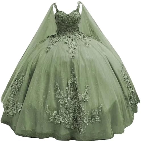 TRHTX Spaghetti Straps Quinceanera Dresses Ball Gown with Cape Princess Sweet 15 16 Dresses Beaded Lace Prom Dresses WZY73