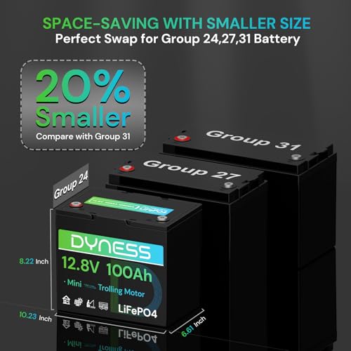 Image of Dyness 12V 100Ah Mini LiFePO4 Battery Group 24, 12.8V Lithium Battery with 100A BMS, Low-Temp Protection & 10 Years Lifespan for Trolling Motor, Marine, Boat, RVs, Solar Off-Grid, Golf Cart