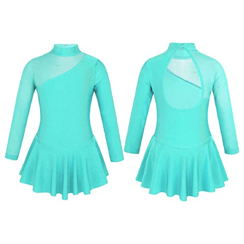 Aislor Kids Girls Mock Neck Mesh Splice Cutout Leotard Dress Figure Ice Skating Roller Skating Activedress Mint Green 8 Years #TOP4