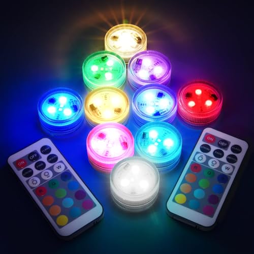 Pequeñas luces LED sumergibles con control remoto, luces de piscina para eventos de fiesta, luces LED impermeables para jarrón, pecera, boda, Halloween, decoración de Navidad (blanco, paquete de 10)