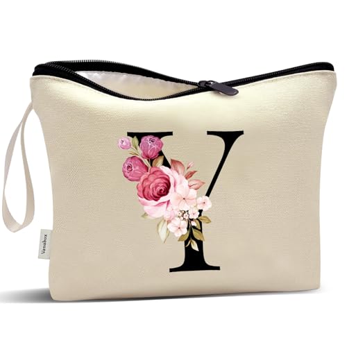 Image of Vavabox A-Z Personalized Makeup Bag, Birthday Gifts for Women Mom, Gifts for Best Friend, Bride Bridesmaid Cosmetic bag (Y, Cream Yellow)