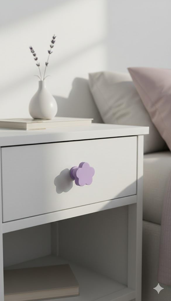 FLY FROG Wooden Flower Knobs for Kids – Purple Cabinet Knobs for Drawer, Wardrobe & Almirah Door | Girls Room & Nursery Furniture Pull Handle | Pack of 2 | Safe Rounded Edges 1