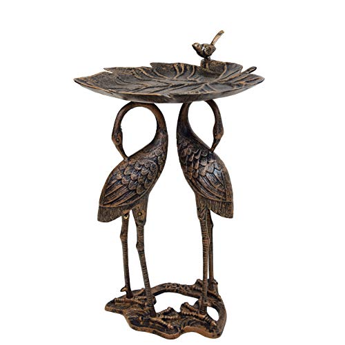 UKN Bronze Iron and Metal Lily Cranes Bird Bath Brown Gold Pedestal