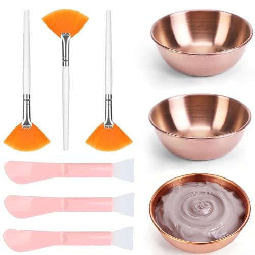 Ensemble d'outils de masque facial en acier inoxydable pour soins de la peau – Kit de beauté professionnel 9 pièces avec bols, brosses en éventail et brosses en silicone à double extrémité pour une