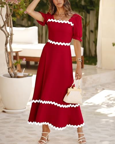 Image of BTFBM Women 2025 Summer Square Neck Short Puff Sleeve Dress Casual RIic Rac Tie Back Smocked Wedding Guest Maxi Dresses
