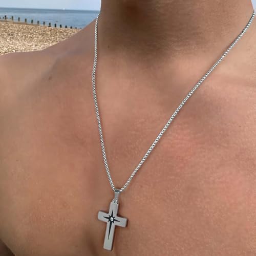 Cross Necklace for Men, Stainless Steel Christian Cross Pendant Necklaces for Men, Silver Chain Necklace for Men, Fade-Resistant, Stylish Jewelry Gift for Him