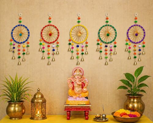 Image of Bindian Pom Pom Ring Bell Chakri Hanging for Home Decor, Pack of 5 Wall Hanging Decoration for Living Room, Backdrop Decoration Items for Ganpati, Navratri, Diwali Festival & Pooja Room Decor