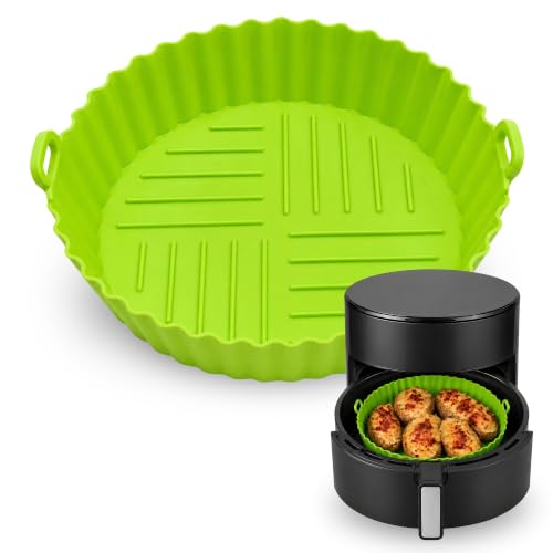 Molde Silicona redondo para Freidora de Aire, Accesorios Freidoras de Aire, Recipiente de Silicona Redondo para Freidora, Antiadherente, Apta para freidoras de 4 a 5 litros (Verde, 20 cm)
