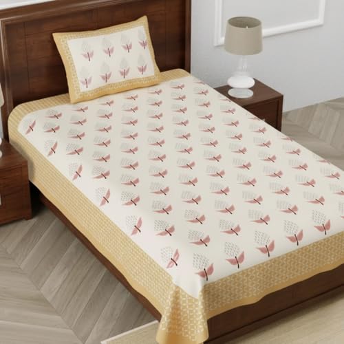 Image of Pure Cotton Single Bedsheet with 1 Pillow Cover, 220 TC Premium Jaipuri Bedsheet for Single Bed | 60x90 Inch - Multicolor Floral Print (Multicolor 1)