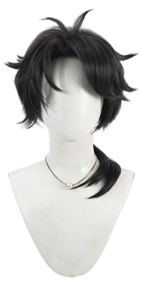 Anime Cosplay Wig Black Short Ponytails Wig with Bangs Synthetic Hair for Halloween Costume Roleplay Party