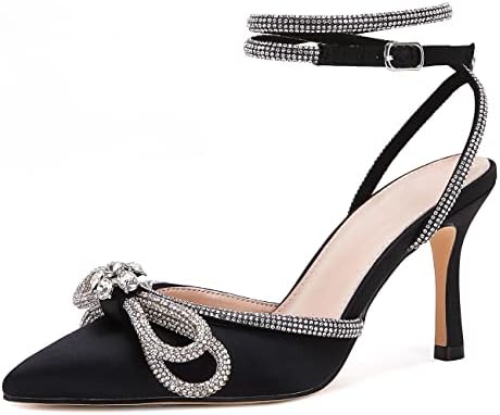 VETASTE Women's Double Bow Pointed Toe Ankle Strap Crystal Pumps Wedding Bridal Party Stilettos Backless Satin Heeled Sandals