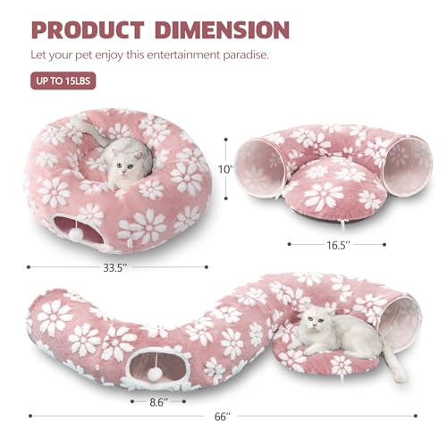 Image of Cat Tunnel for Indoor Cats, Cute Peekaboo Cat Cave with Dangling Balls, Pet Donut Tunnel Bed with Circle Mat for Puppy Kitten Rabbit, Pink
