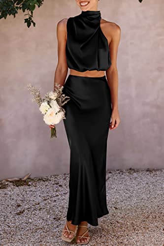 Prettygarden Women's 2 Piece Satin Outfits Summer Sleeveless Mock Neck Crop Tops And Long Skirt Dress Sets (Black,Medium) #TOP7