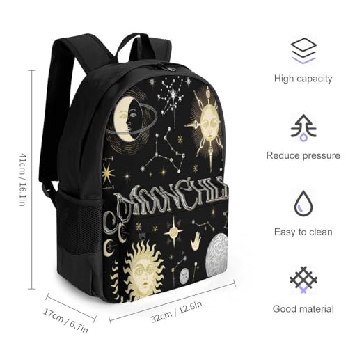 Men Women Polyester Sun Moon Stars Space Celestial Illustration Daypack Big Capacity Shoulder Bag With Smooth Zippers for Hiking Work Walking Cycling2