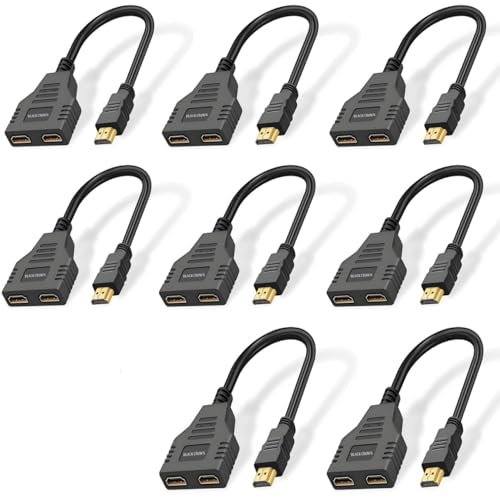 Image of BLACK CROWN HDMI Cable Splitter, HDMI 1x2 Splitter Cable, HDMI Cable Splitter 1 in 2 Out HDMI Splitter Adapter, HDMI Male to Dual HDMI Female 1 to 2 Way for HDMI HD, LED, LCD, TV. Black (Pack of 8)