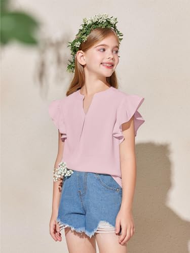 Image of Haloumoning Girls Summer T Shirts Kids Fashion V Neck Ruffle Short Sleeve Tops Blouse 5-14 Years