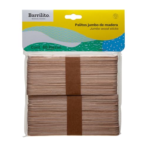 Lista de Palitos de madera de esta semana. 42 Barrilito Palitos planos jumbo de madera en color natural, medidas 15.2 X 1.8 cm. Paquete con 80 palitos.W004