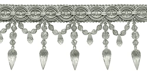 DÉCOPRO 3 3/4" (9.5cm) Decorative Beaded Fringe Trim with Fancy Gimp Header Large Teardrop Bead Design (Style# BF334) Silver Grey #049 (Grey Silver) 3 Yard Value Pack (2.5m/9 ft)