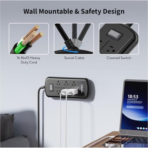 Protector eléctrico exterior resistente al agua IPX6, 6 tomas con 3 puertos USB, 1625W/13A, cable de extensión de 1.83 m, protección contra sobrecarga y choque eléctrico, montable en pared para hogar, oficina y exteriores. miniatura 6
