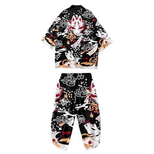 DOSLAVIDA Men's Japanese Kimono Cardigan Suit Chinese Style Printed Jacket Pants Set Open Front Seven Sleeve Top & Shorts, Black-hl, Large