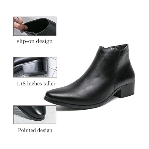 Men's Leather Slip on Dress Chelsea Ankle Boots with Side Zipper Casual Fashion Cowhide Pointed Toe Chunky Heel Oxfords Booties for Formal Events Working Business4