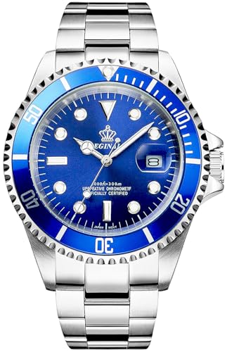 Reginald Men's Watch Luminous Quartz Rotatable Bezel Sapphire Glass Silver Stainless Steel Band and Case Waterproof Sports Blue Watch