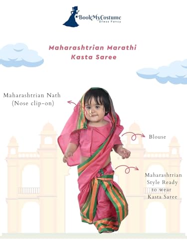 Image of BookMyCostume Maharashtrian Marathi Kasta Sari Lavani Dance Fancy Dress Costume for Girls 5-6 years