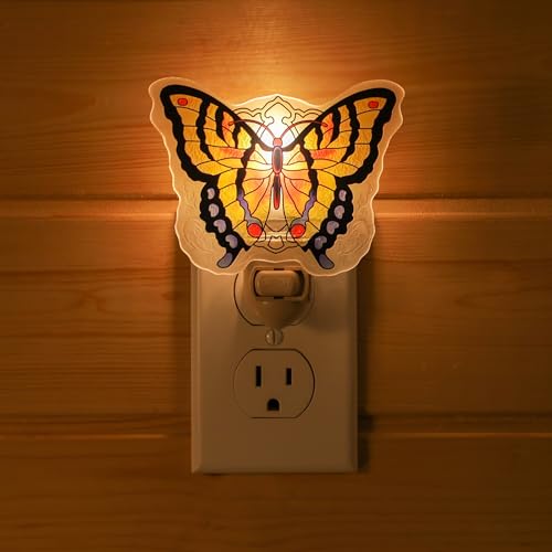 Image of Butterfly Night Light Plug into Wall - Made with Real Glass, Stained Glass Styled Nightlight for Hallway, Nursery, Bedroom, Bathroom, Kitchen, Stairway - Nature Inspired Accent Home Decor-Red Orange