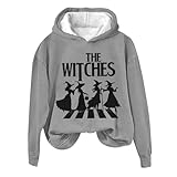 Sudadera con capucha para mujer, de forro polar, para invierno, divertida, a la moda, casual, con letras impresas, Halloween, cuello redondo, manga larga, sudadera con capucha para mujer, gris, M